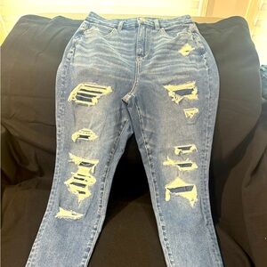 American Eagle Outfitters Blue Skinny Jeans with Distressed Design